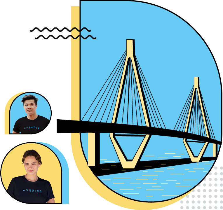A decorative image featuring the Aventus bridge and two female members of the team