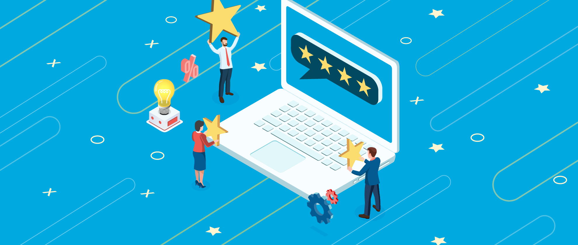 Illustration of people holding stars around a laptop screen displaying a 5-star rating, representing online brand reputation and customer service excellence.