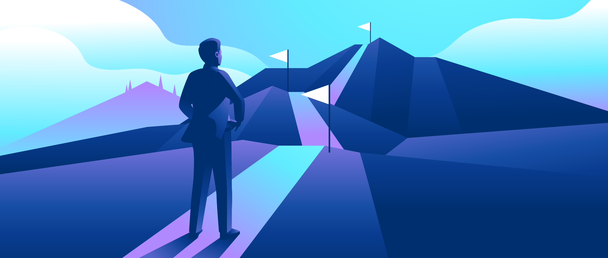 A man in office attire looks into the horizon where a stylized mountain range represents the challenges of remote work.  A clear path with flags along its path represents the possibility of step-wise success.