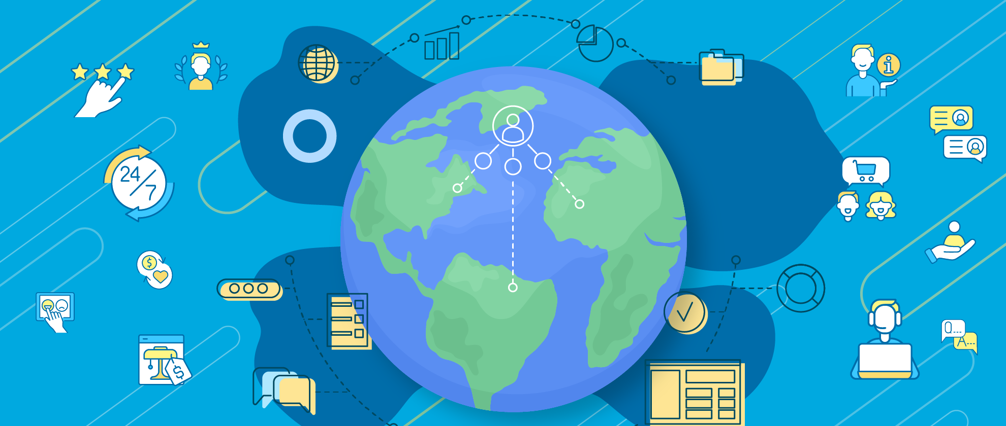 A globe illustration with symbols surrounding it representing the possibility of outsourcing business functions to people from all over.